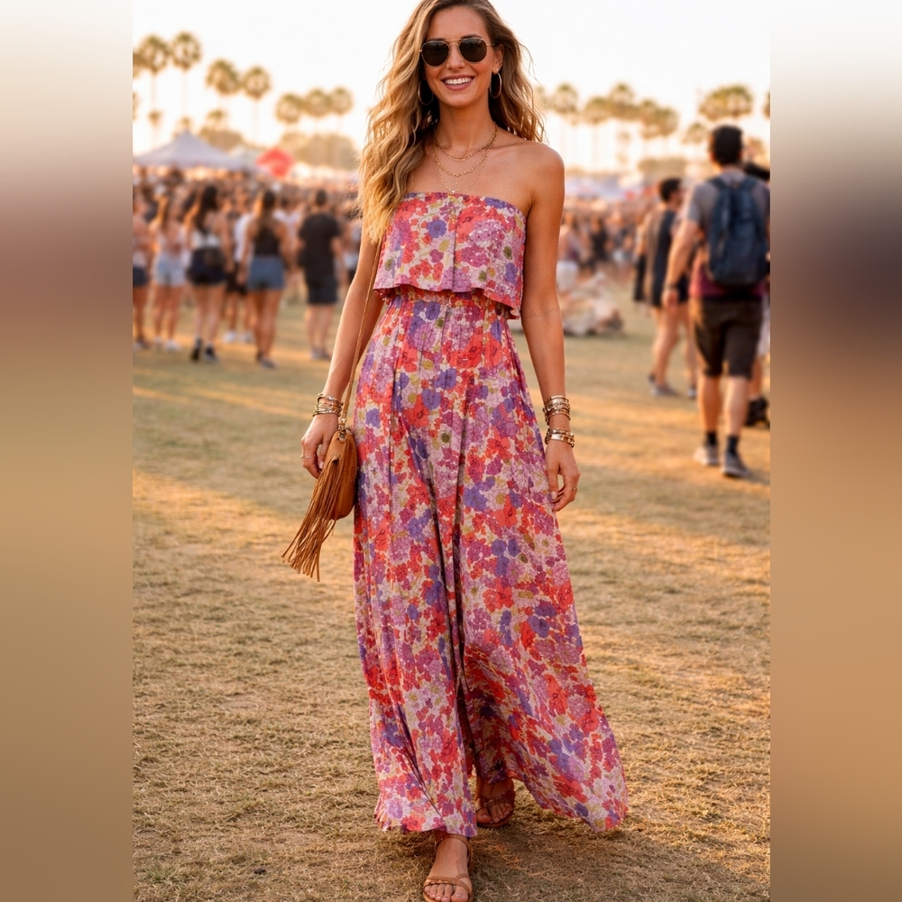 Japna Floral Maxi Dress Festival Boho Fold Over Floral Cottage Tassels 70s Beach